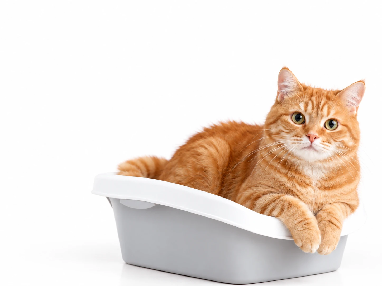 Cat resting in a white litter box